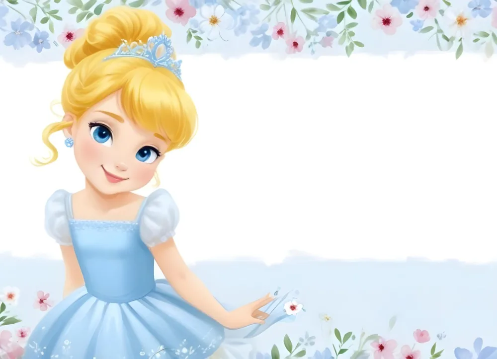 Digital Painting A Young Girl With Fair Skin And Blonde Hair Styled In A Bun Wearing A Light Blue Dress And A Tiara She Has Large Blue Eyes And Is Smiling Positioned To The Left Of A White Space Framed With A Flora 6 796a