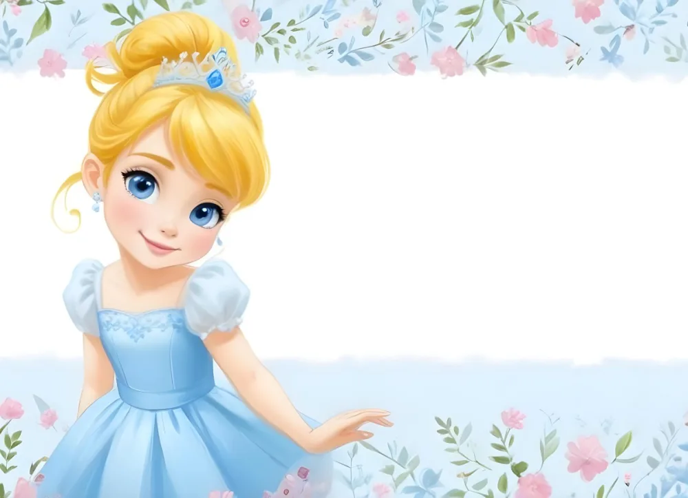 Digital Painting A Young Girl With Fair Skin And Blonde Hair Styled In A Bun Wearing A Light Blue Dress And A Tiara She Has Large Blue Eyes And Is Smiling Positioned To The Left Of A White Space Framed With A Flora 7 F445
