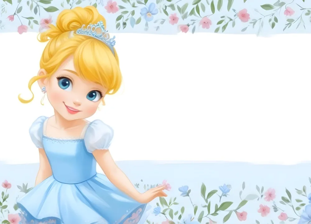Digital Painting A Young Girl With Fair Skin And Blonde Hair Styled In A Bun Wearing A Light Blue Dress And A Tiara She Has Large Blue Eyes And Is Smiling Positioned To The Left Of A White Space Framed With A Flora 8 Cf7b