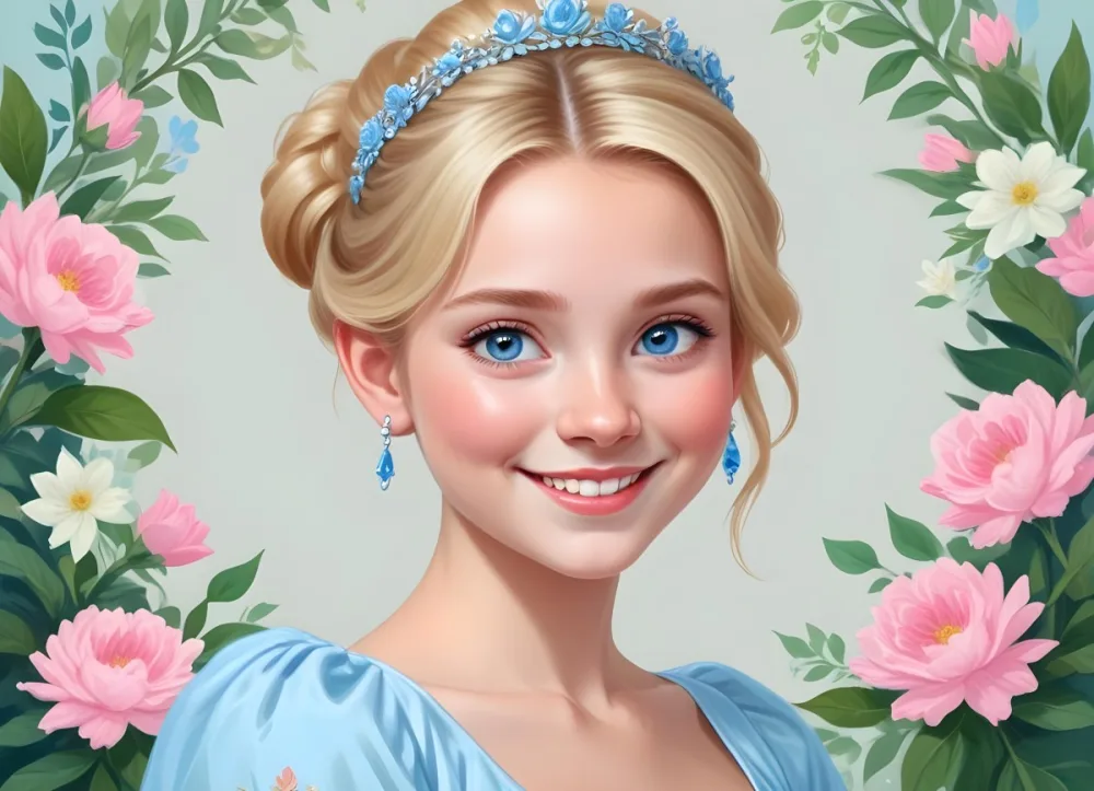 Digital Painting A Young Girl With Fair Skin And Blonde Hair Styled In A Bun Wearing A Light Blue Dress And A Tiara She Has Large Blue Eyes And Is Smiling Positioned To The Left Of A White Space Framed With A Flora 9 7c7f
