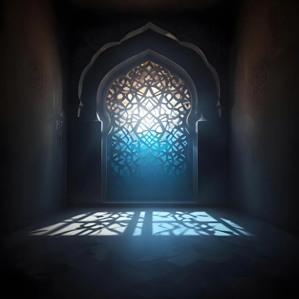 Digital Painting An Arabic Window With Geometric Patterns And Light Coming Through It Casting Shadows On The Floor In A Dark Room With Textured Walls Bold And Slim Lines Brush Strokes 5 D74b