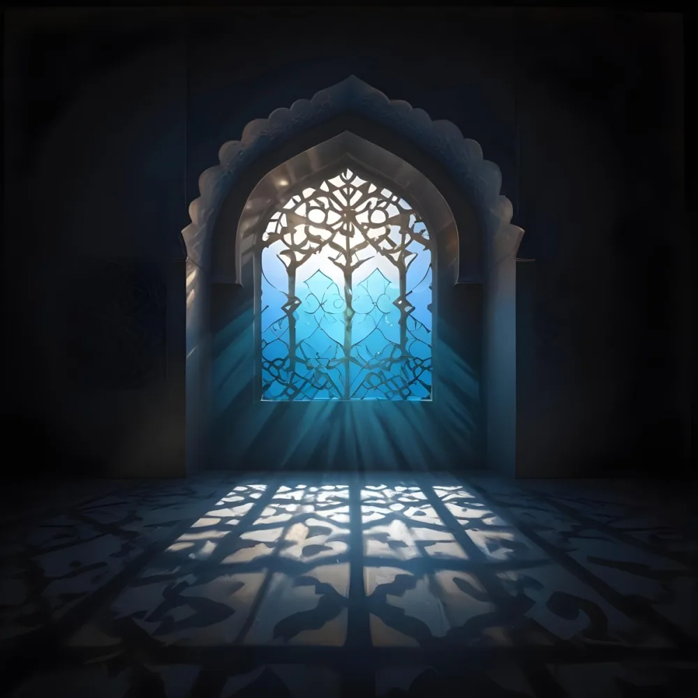 Digital Painting An Arabic Window With Geometric Patterns And Light Coming Through It Casting Shadows On The Floor In A Dark Room With Textured Walls Bold And Slim Lines Brush Strokes 6 92b9