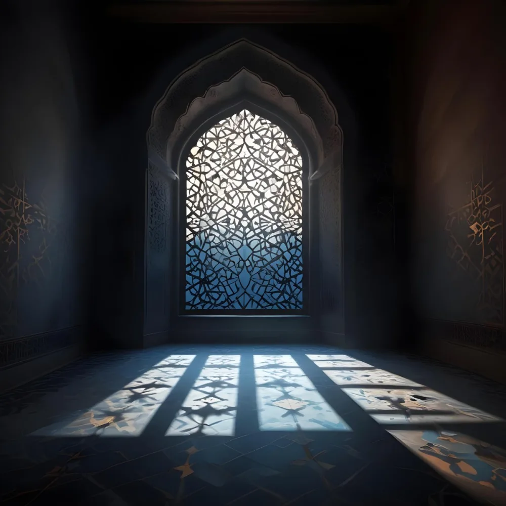 Digital Painting An Arabic Window With Geometric Patterns And Light Coming Through It Casting Shadows On The Floor In A Dark Room With Textured Walls Bold And Slim Lines Brush Strokes 7 B0d5