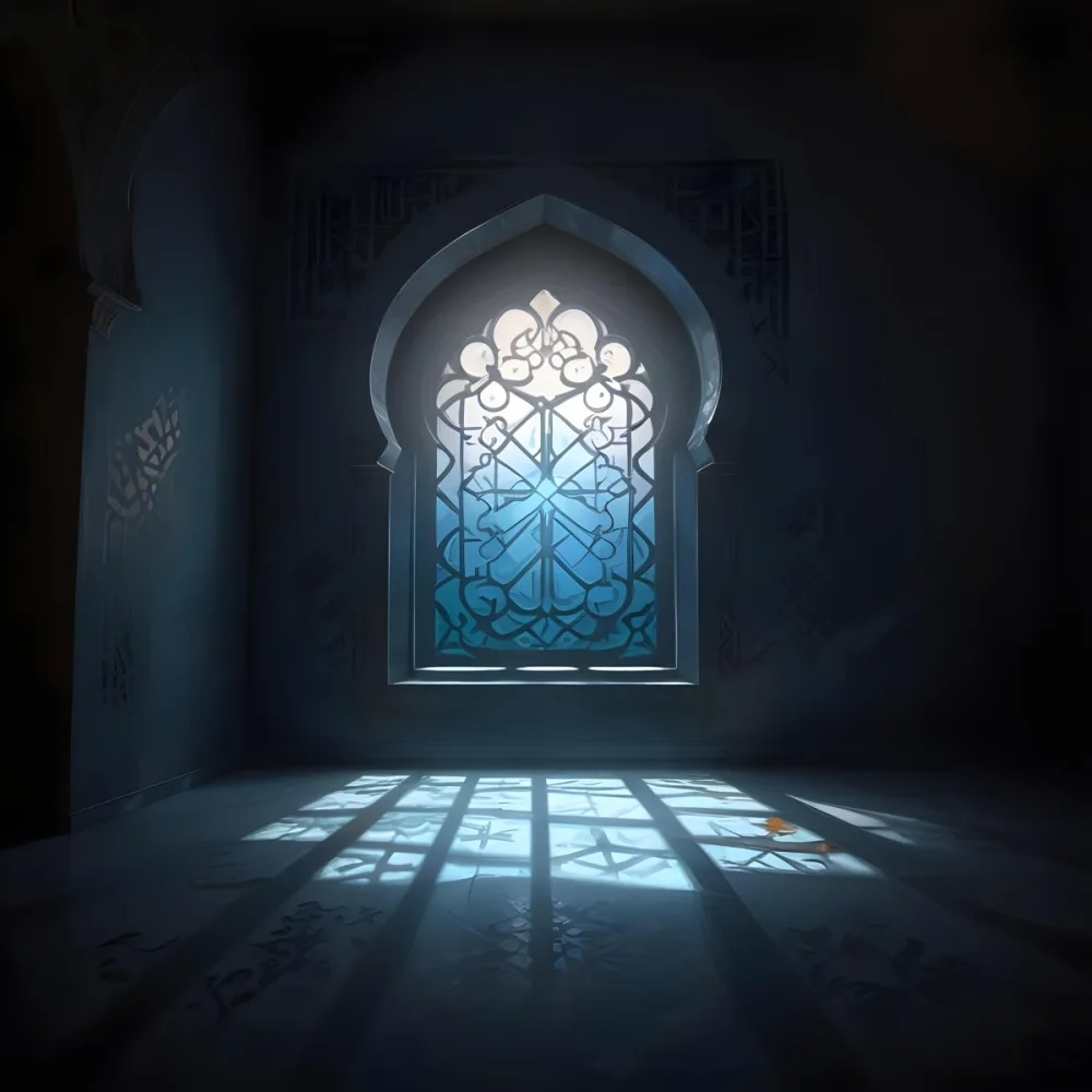 Digital Painting An Arabic Window With Geometric Patterns And Light Coming Through It Casting Shadows On The Floor In A Dark Room With Textured Walls Bold And Slim Lines Brush Strokes 8 0093