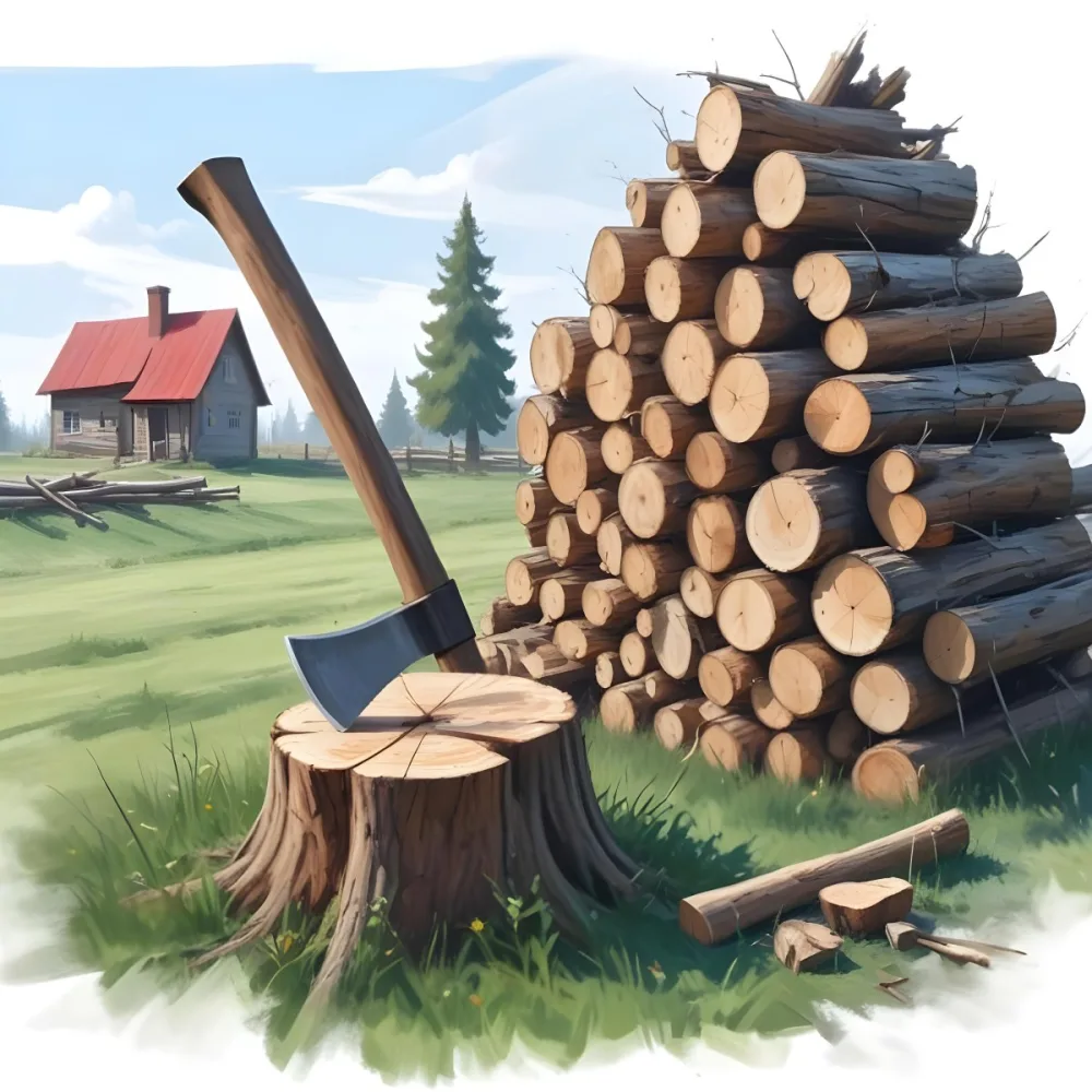 Digital Painting An Axe Stuck In A Tree Trunk Next To A Pile Of Logs In A Field With A House In The Background Bold And Slim Lines Brush Strokes 5 Aaaa