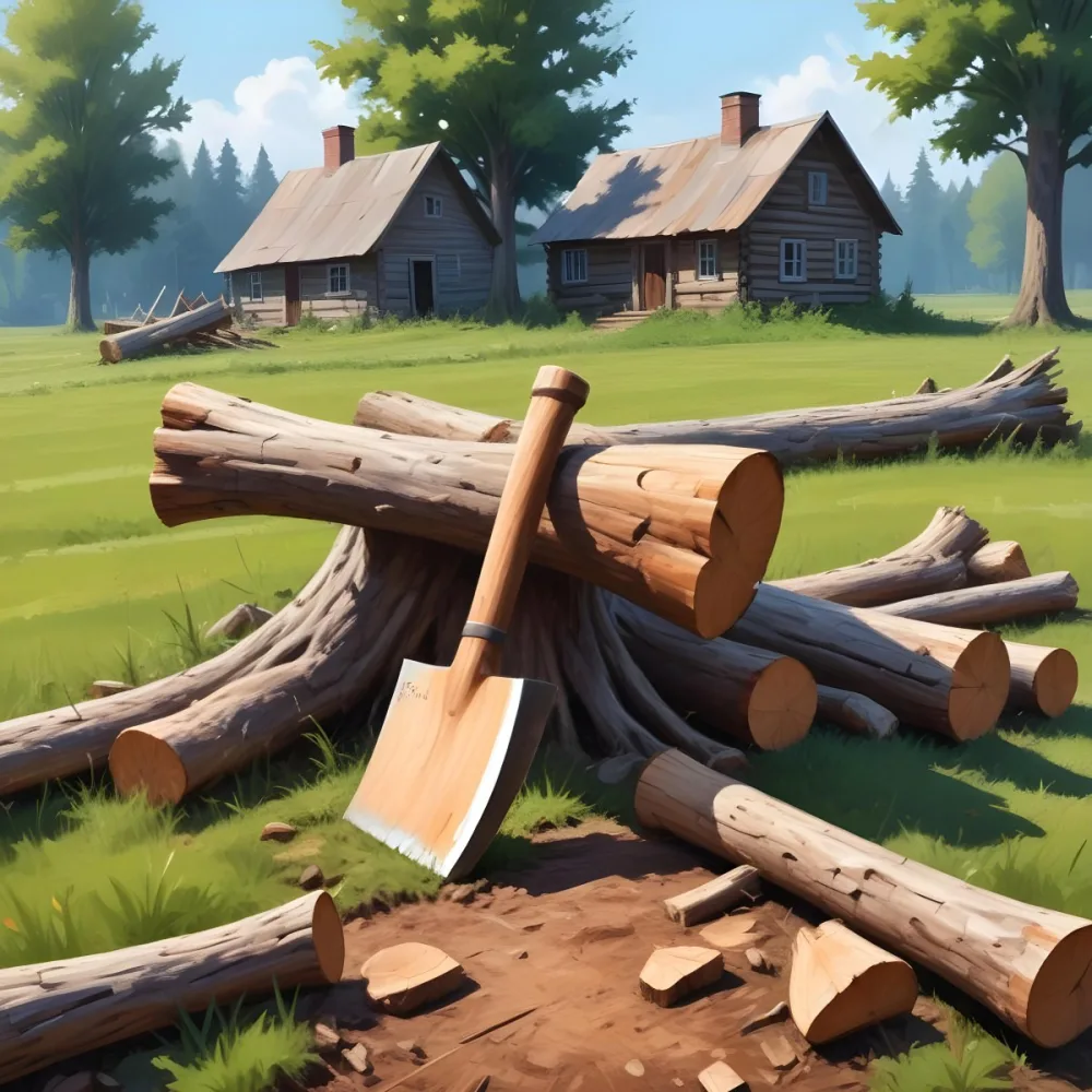 Digital Painting An Axe Stuck In A Tree Trunk Next To A Pile Of Logs In A Field With A House In The Background Bold And Slim Lines Brush Strokes 6 F00e