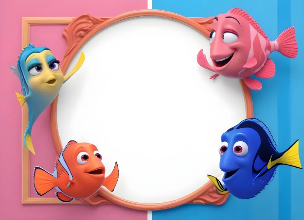 Digital Painting Ariel Flounder Sebastian Nemo And Dory In A Frame With A Pink And Blue Striped Background Bold And Slim Lines Brush Strokes 2 9874