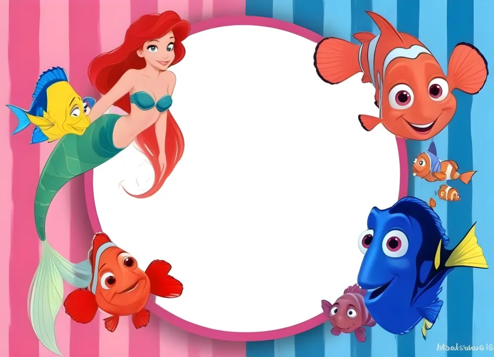 Digital Painting Ariel Flounder Sebastian Nemo And Dory In A Frame With A Pink And Blue Striped Background Bold And Slim Lines Brush Strokes 5 2e32