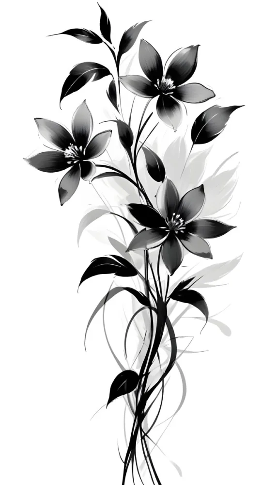 Digital Painting Black And White Floral Pattern With Abstract Flowers And Leaves Bold And Slim Lines Brush Strokes 10 4df7