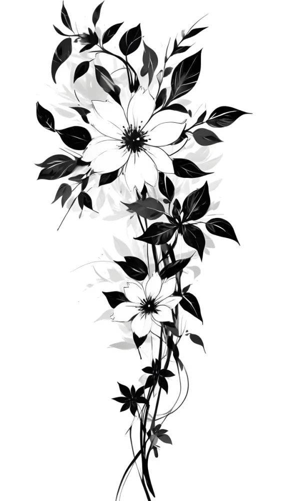Digital Painting Black And White Floral Pattern With Abstract Flowers And Leaves Bold And Slim Lines Brush Strokes 11 47b4