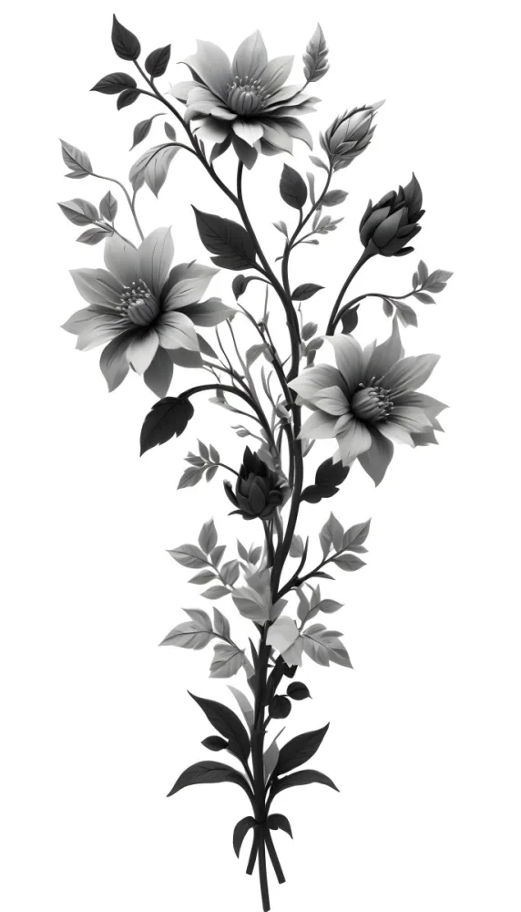 Digital Painting Black And White Floral Pattern With Abstract Flowers And Leaves Bold And Slim Lines Brush Strokes 2 F26a