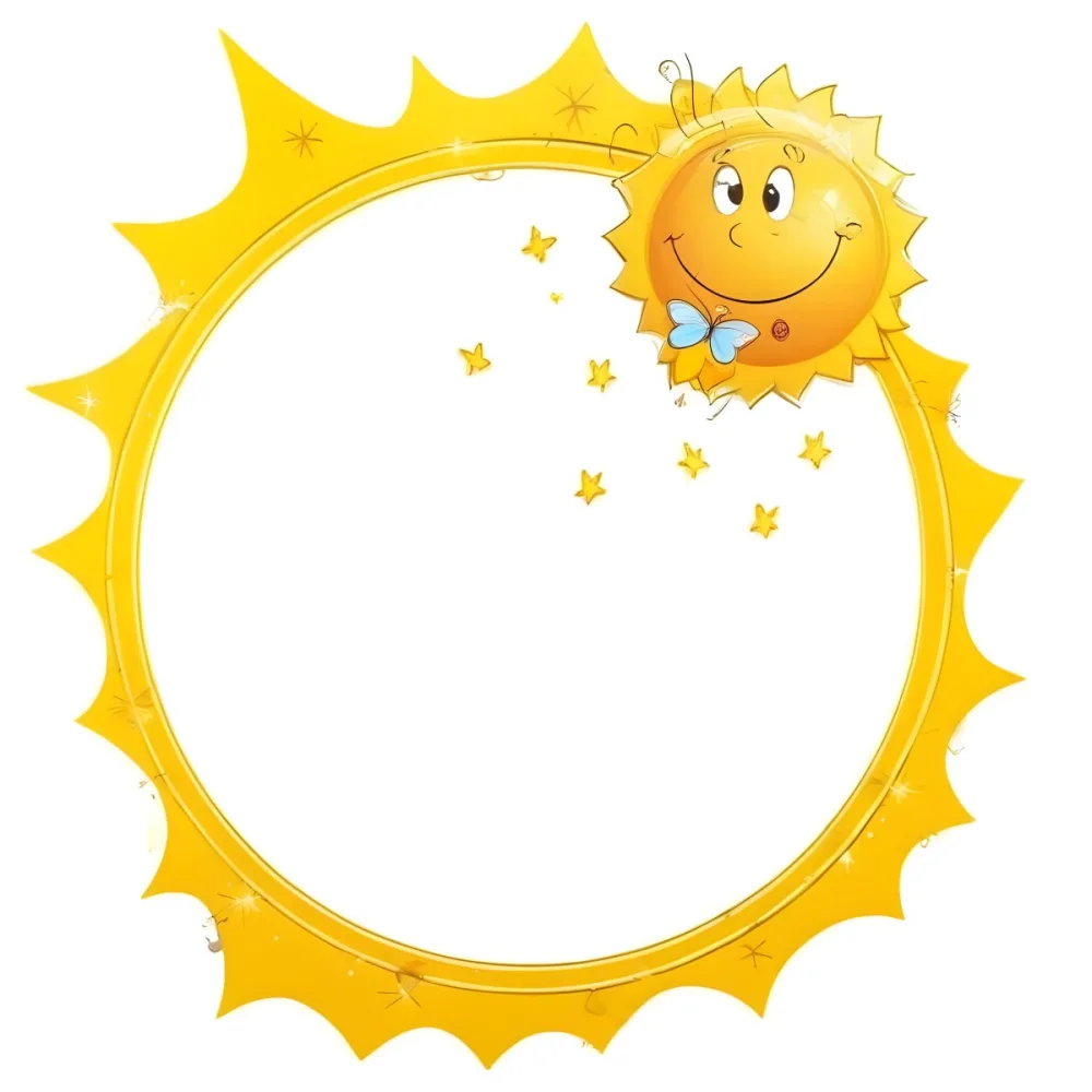 Digital Painting Cartoon Sun With A Happy Face And A Butterfly Yellow Frame With Sun Spikes Yellow Background With Some Glitters Bold And Slim Lines Brush Strokes 6 C209