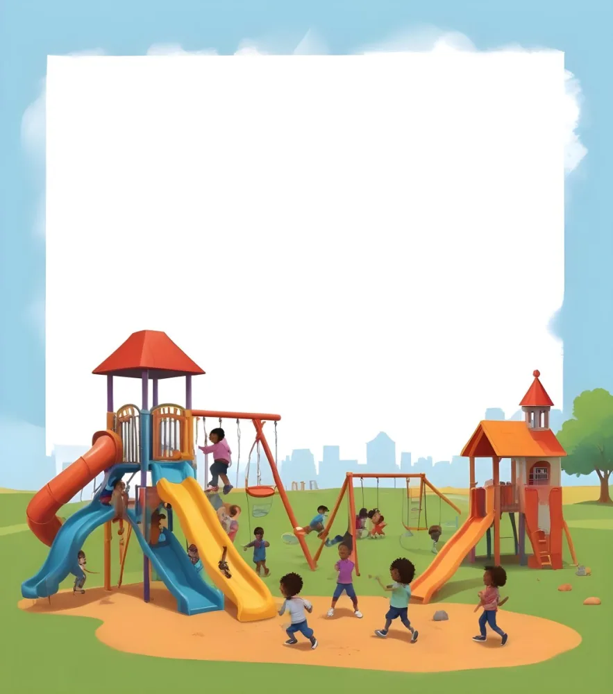 Digital Painting Eight Children Playing In A Colorful Playground