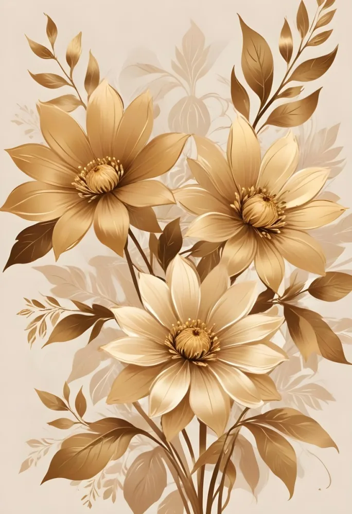 Digital Painting Elegant Floral Background With Large Golden Flowers And Leaves On A Light Beige Background Bold And Slim Lines Brush Strokes 61 A739
