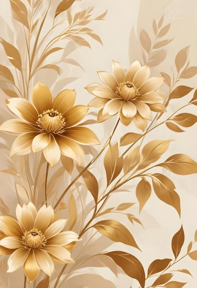 Digital Painting Elegant Floral Background With Large Golden Flowers And Leaves On A Light Beige Background Bold And Slim Lines Brush Strokes 65 Ba20