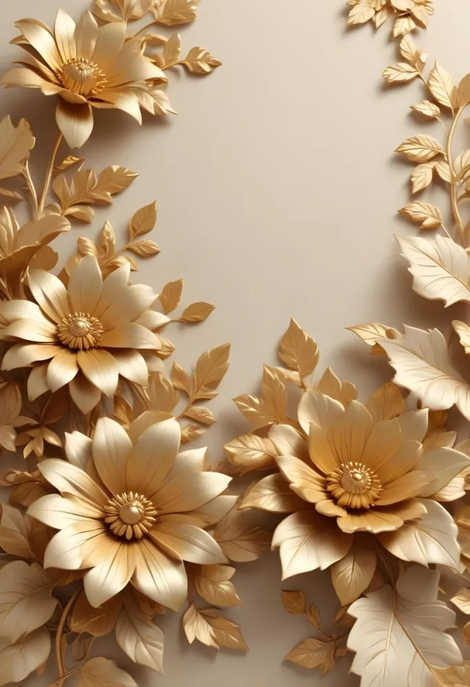 Digital Painting Elegant Floral Background With Large Golden Flowers And Leaves On A Light Beige Background Bold And Slim Lines Brush Strokes 79 4deb