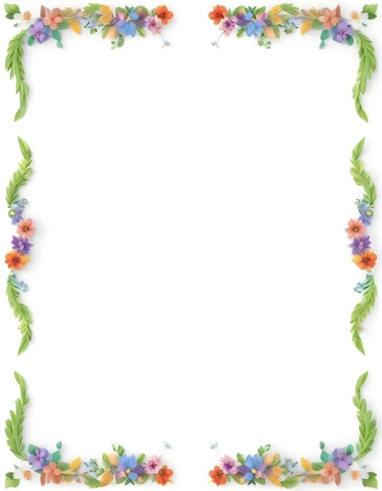 Digital Painting Floral Frame With Colorful Flowers And Green Leaves On A White Background Bold And Slim Lines Brush Strokes 13 E034