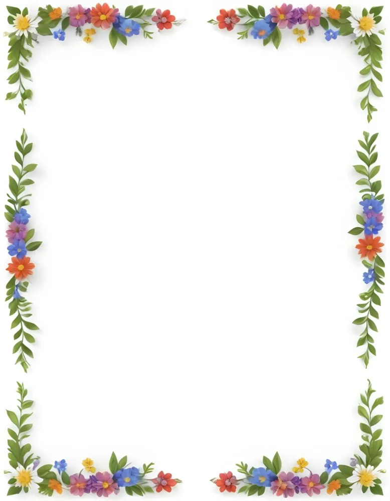 Digital Painting Floral Frame With Colorful Flowers And Green Leaves On A White Background Bold And Slim Lines Brush Strokes 21 E7c4
