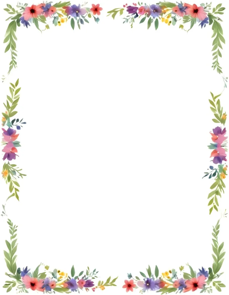 Digital Painting Floral Frame With Colorful Flowers And Green Leaves On A White Background Bold And Slim Lines Brush Strokes 34 Ff02