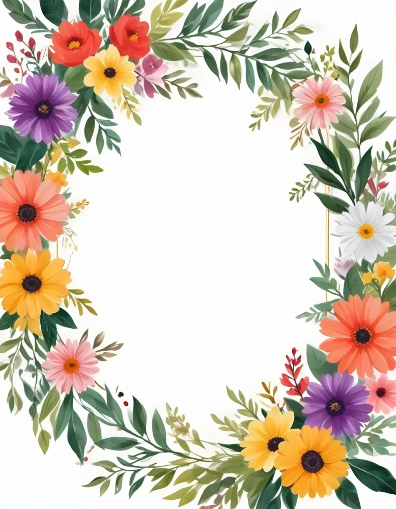 Digital Painting Floral Frame With Colorful Flowers And Green Leaves On A White Background Bold And Slim Lines Brush Strokes 38 D8af