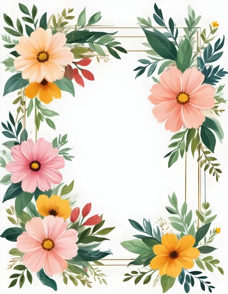 Digital Painting Floral Frame With Colorful Flowers And Green Leaves On A White Background Bold And Slim Lines Brush Strokes 43 028a
