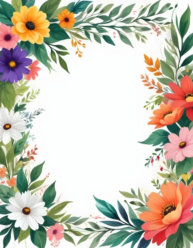 Digital Painting Floral Frame With Colorful Flowers And Green Leaves On A White Background Bold And Slim Lines Brush Strokes 46 Fc0c