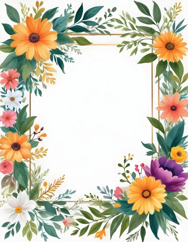 Digital Painting Floral Frame With Colorful Flowers And Green Leaves On A White Background Bold And Slim Lines Brush Strokes 48 F79a