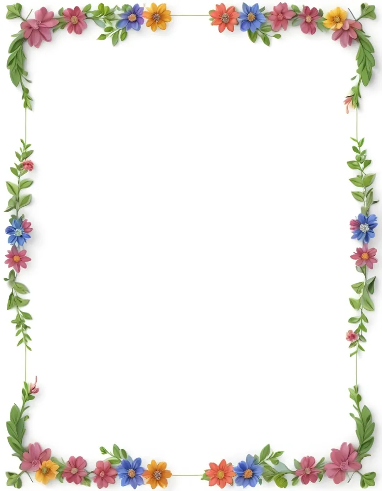 Digital Painting Floral Frame With Colorful Flowers And Green Leaves On A White Background Bold And Slim Lines Brush Strokes 7 2542