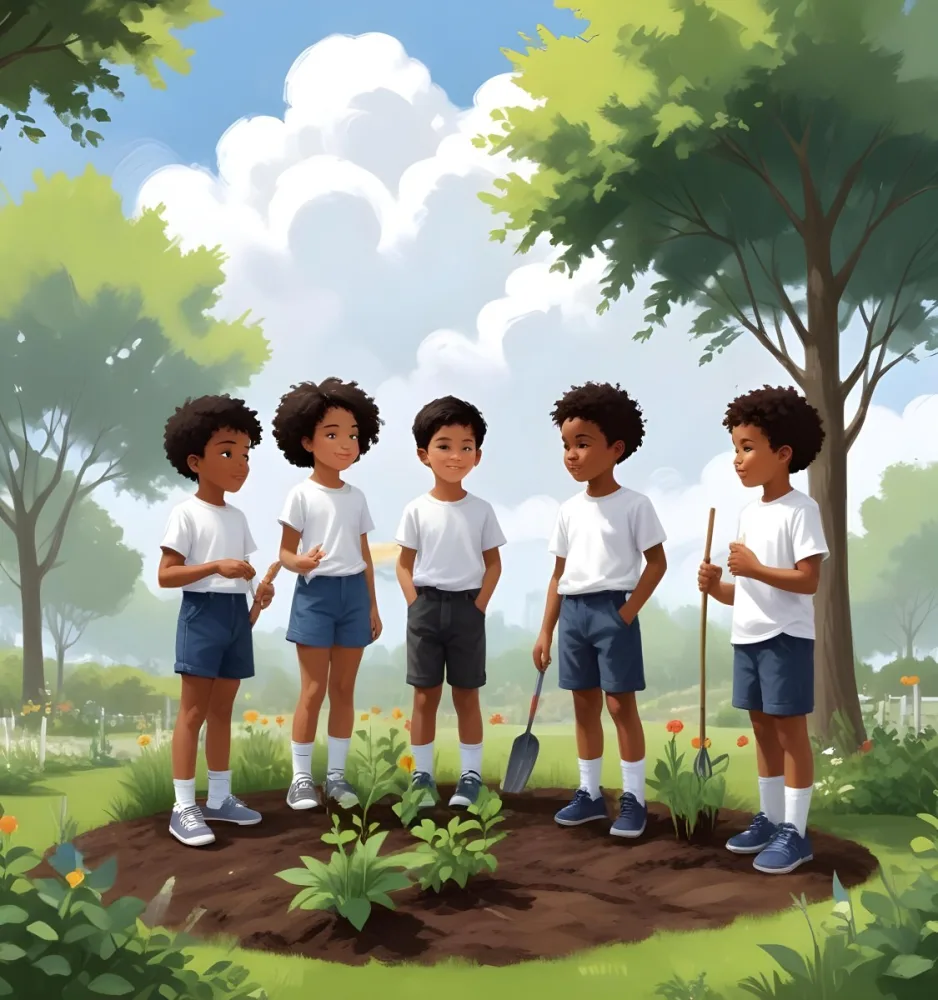 Digital Painting Four Kids With An Average Age Of 6 And Mixed Races Around A White Cloud Planting Plants In A Garden With Trees Bold And Slim Lines Brush Strokes 10 D4a6