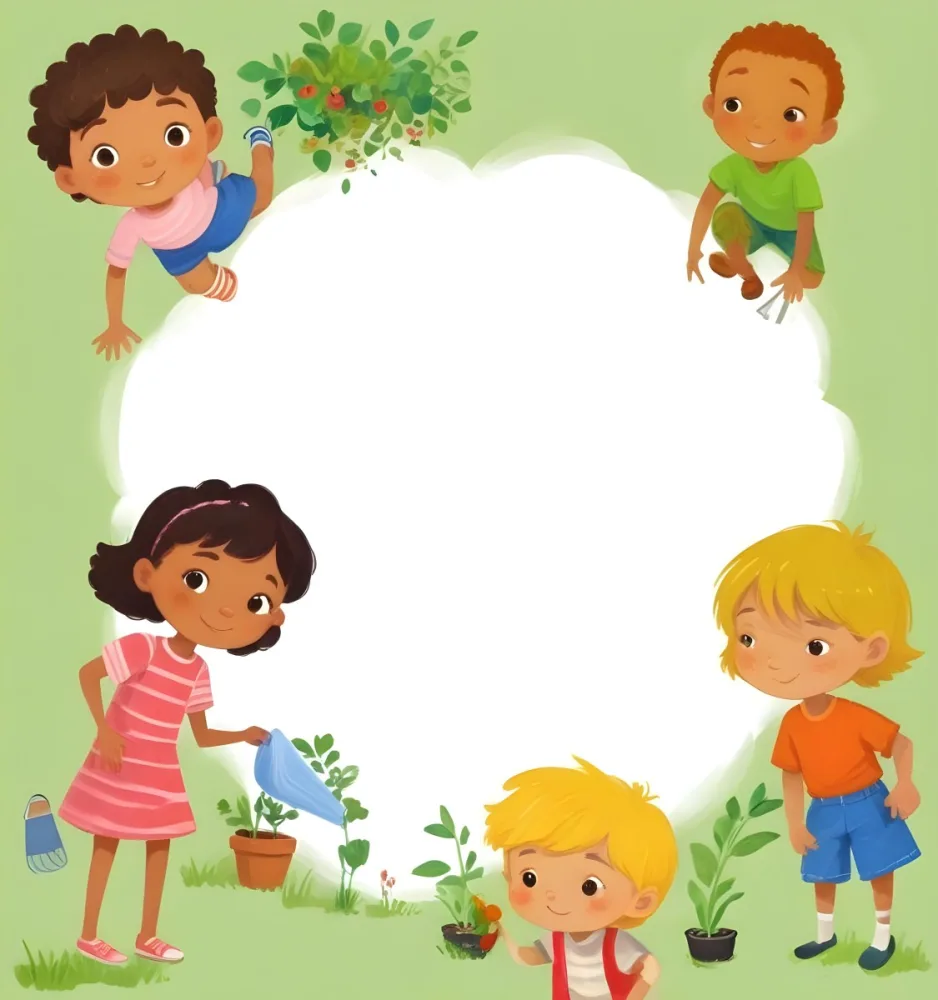 Digital Painting Four Kids With An Average Age Of 6 And Mixed Races Around A White Cloud Planting Plants In A Garden With Trees Bold And Slim Lines Brush Strokes 13 7a88