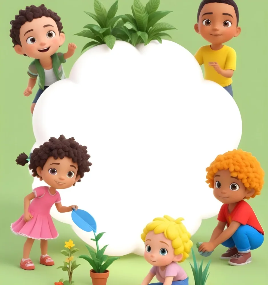 Digital Painting Four Kids With An Average Age Of 6 And Mixed Races Around A White Cloud Planting Plants In A Garden With Trees Bold And Slim Lines Brush Strokes 14 Bff6