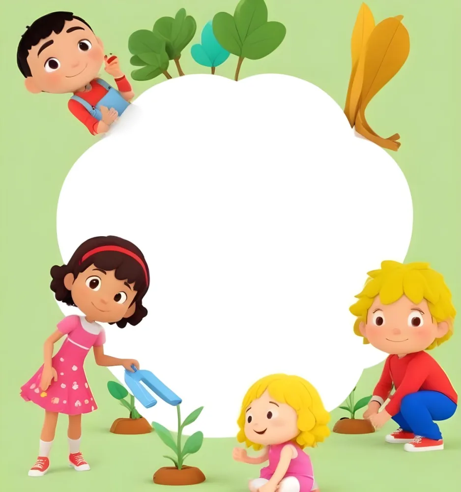 Digital Painting Four Kids With An Average Age Of 6 And Mixed Races Around A White Cloud Planting Plants In A Garden With Trees Bold And Slim Lines Brush Strokes 15 7a22
