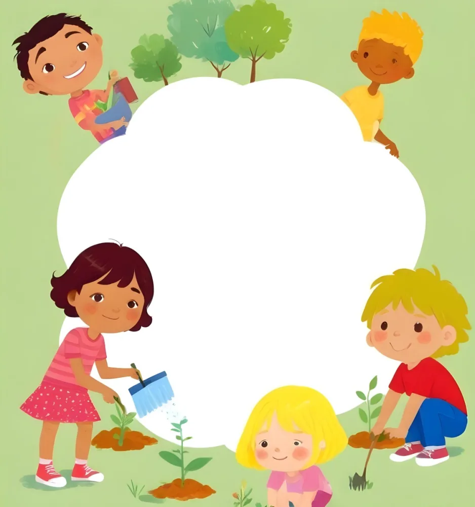 Digital Painting Four Kids With An Average Age Of 6 And Mixed Races Around A White Cloud Planting Plants In A Garden With Trees Bold And Slim Lines Brush Strokes 2 F7a4