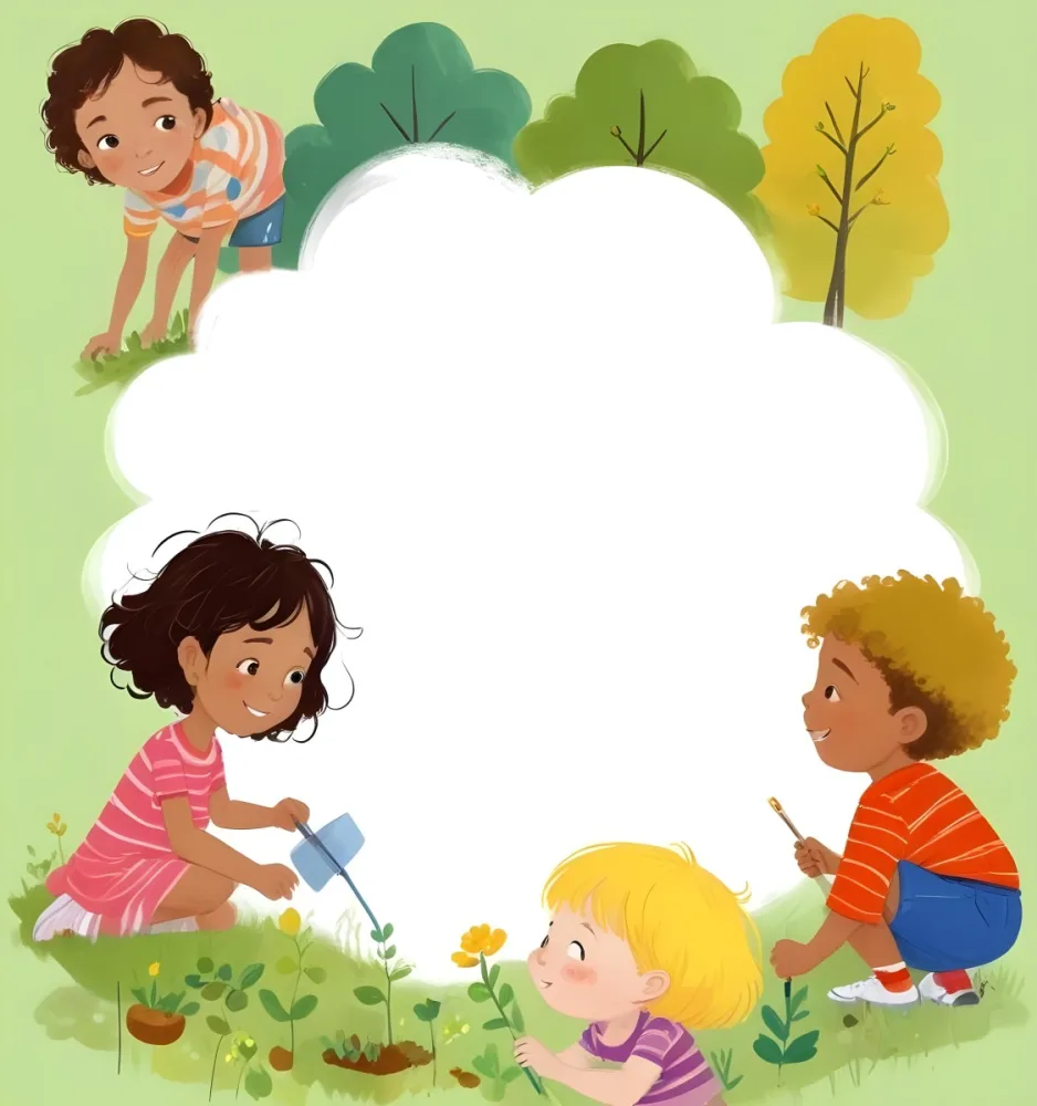 Digital Painting Four Kids With An Average Age Of 6 And Mixed Races Around A White Cloud Planting Plants In A Garden With Trees Bold And Slim Lines Brush Strokes 4 A7c4
