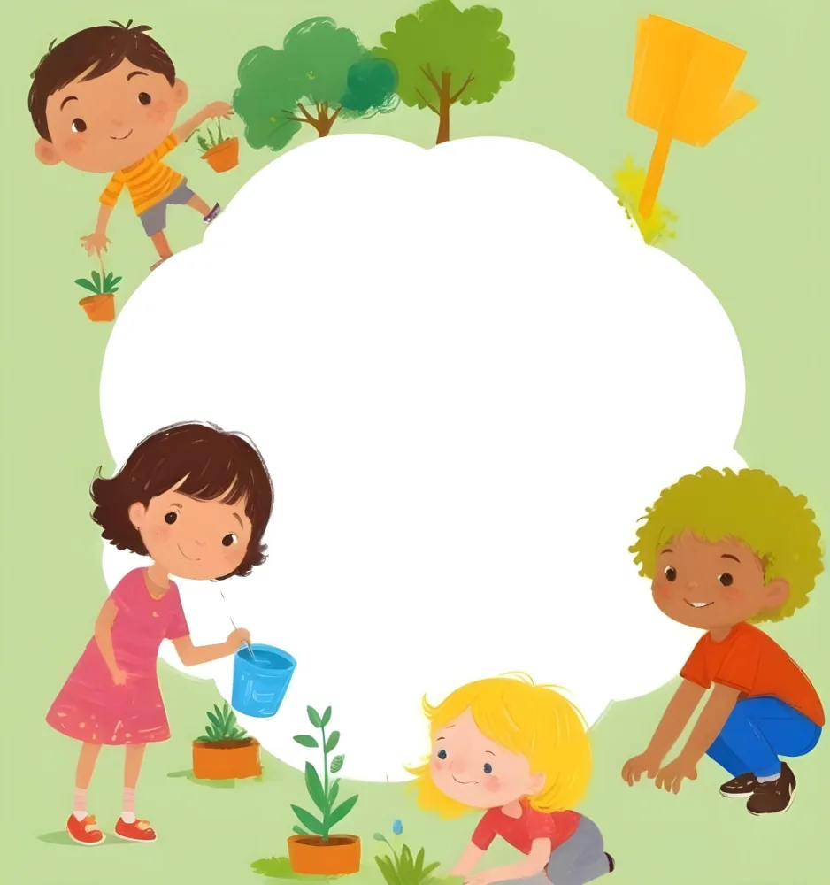 Digital Painting Four Kids With An Average Age Of 6 And Mixed Races Around A White Cloud Planting Plants In A Garden With Trees Bold And Slim Lines Brush Strokes 5 Ab44