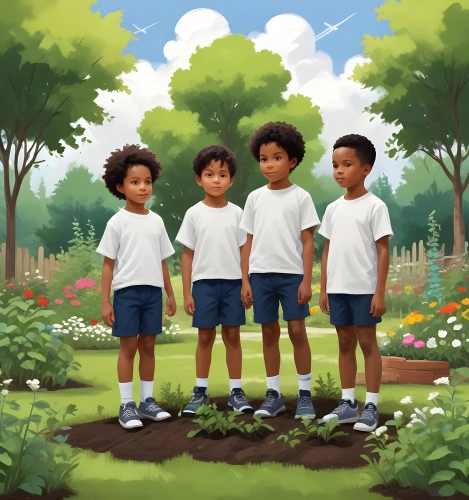 Digital Painting Four Kids With An Average Age Of 6 And Mixed Races Around A White Cloud Planting Plants In A Garden With Trees Bold And Slim Lines Brush Strokes 7 E18d