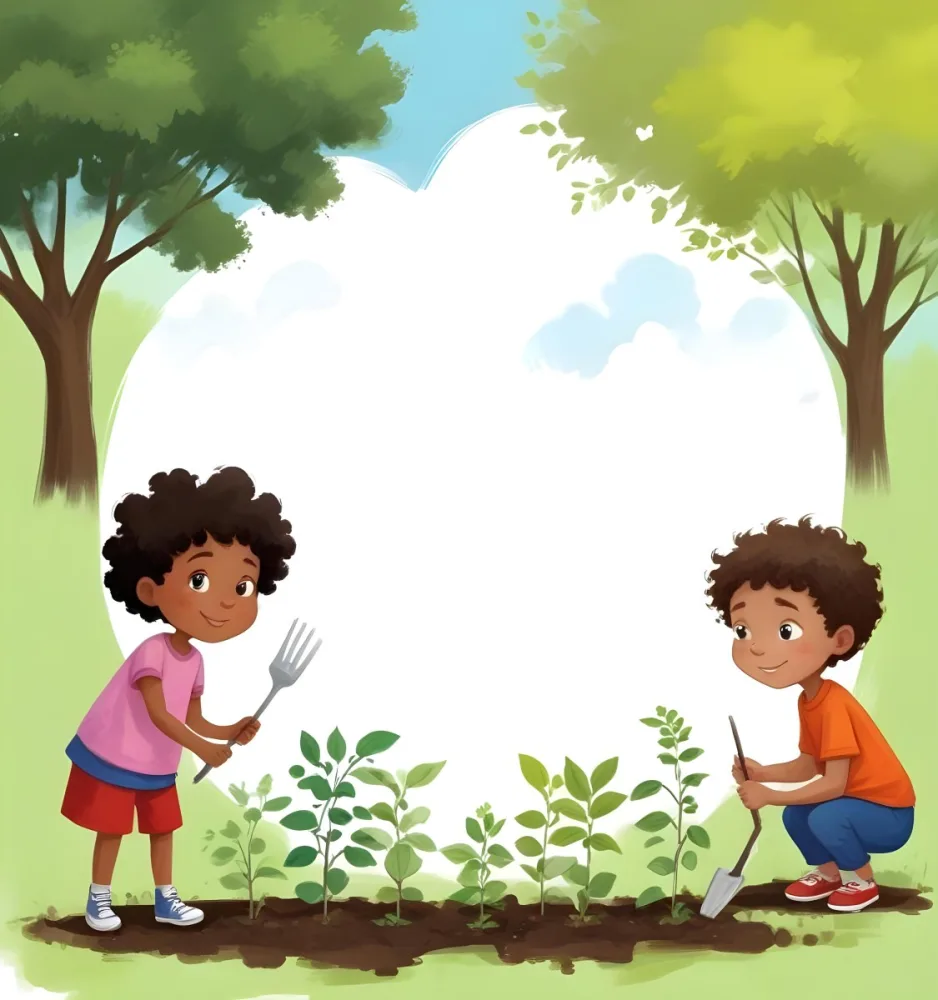 Digital Painting Four Kids With An Average Age Of 6 And Mixed Races Around A White Cloud Planting Plants In A Garden With Trees Bold And Slim Lines Brush Strokes 8 C3bf