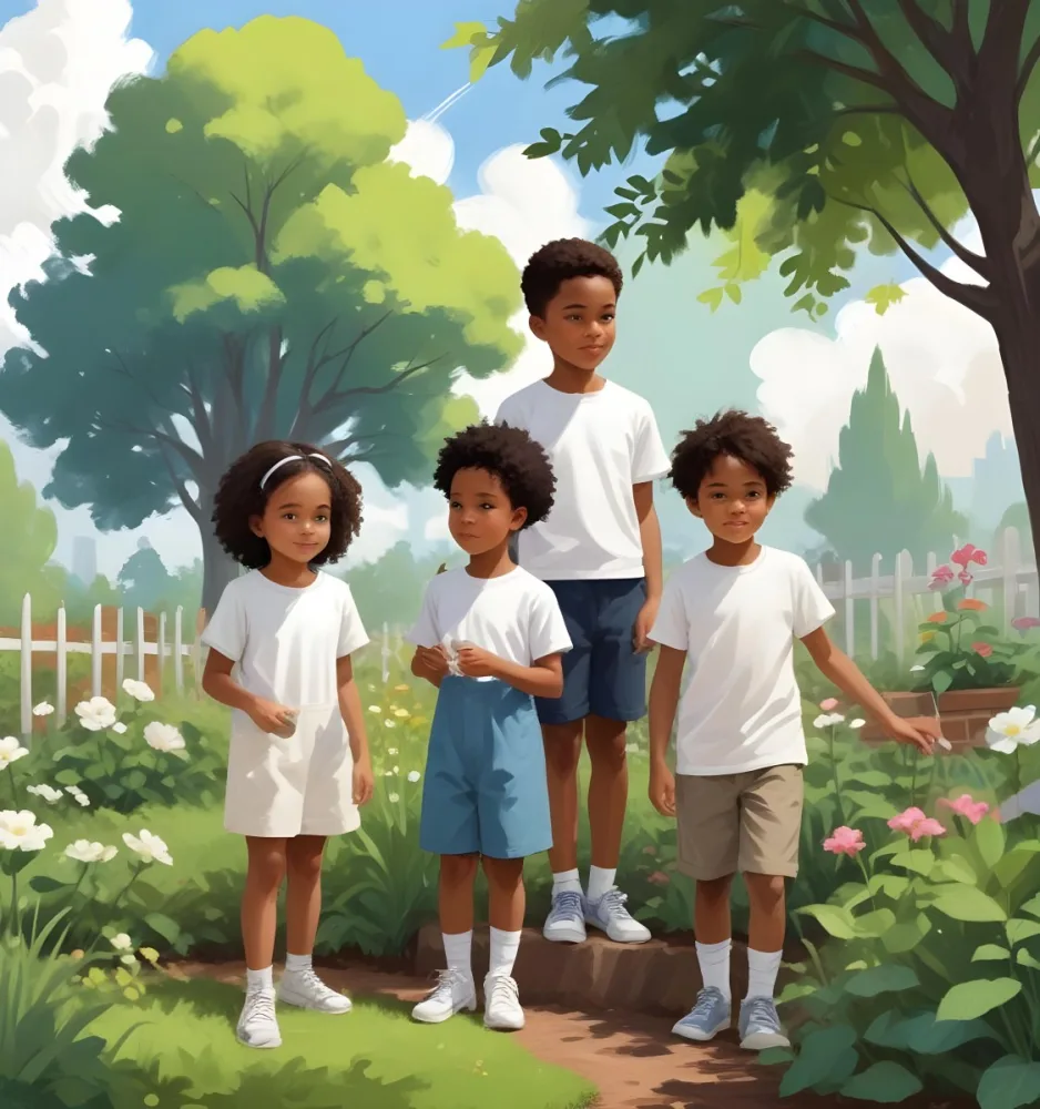 Digital Painting Four Kids With An Average Age Of 6 And Mixed Races Around A White Cloud Planting Plants In A Garden With Trees Bold And Slim Lines Brush Strokes 9 7bdc