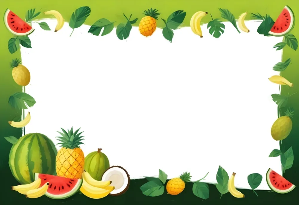 Digital Painting Frame With Pineapples Bananas Coconuts Watermelons And Green Leaves On A Green Background Bold And Slim Lines Brush Strokes 13 6997