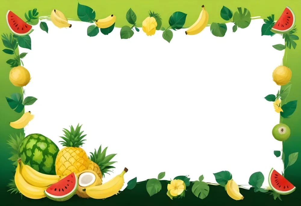 Digital Painting Frame With Pineapples Bananas Coconuts Watermelons And Green Leaves On A Green Background Bold And Slim Lines Brush Strokes 14 391e