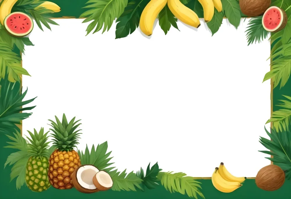 Digital Painting Frame With Pineapples Bananas Coconuts Watermelons And Green Leaves On A Green Background Bold And Slim Lines Brush Strokes 19 957b