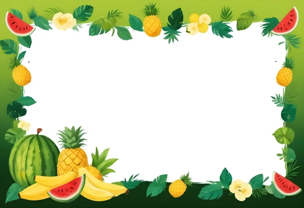 Digital Painting Frame With Pineapples Bananas Coconuts Watermelons And Green Leaves On A Green Background Bold And Slim Lines Brush Strokes 2 Bbc1