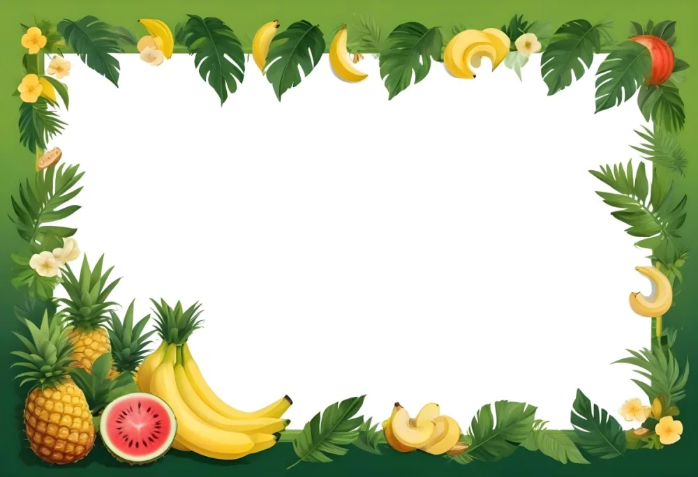 Digital Painting Frame With Pineapples Bananas Coconuts Watermelons And Green Leaves On A Green Background Bold And Slim Lines Brush Strokes 21 8996