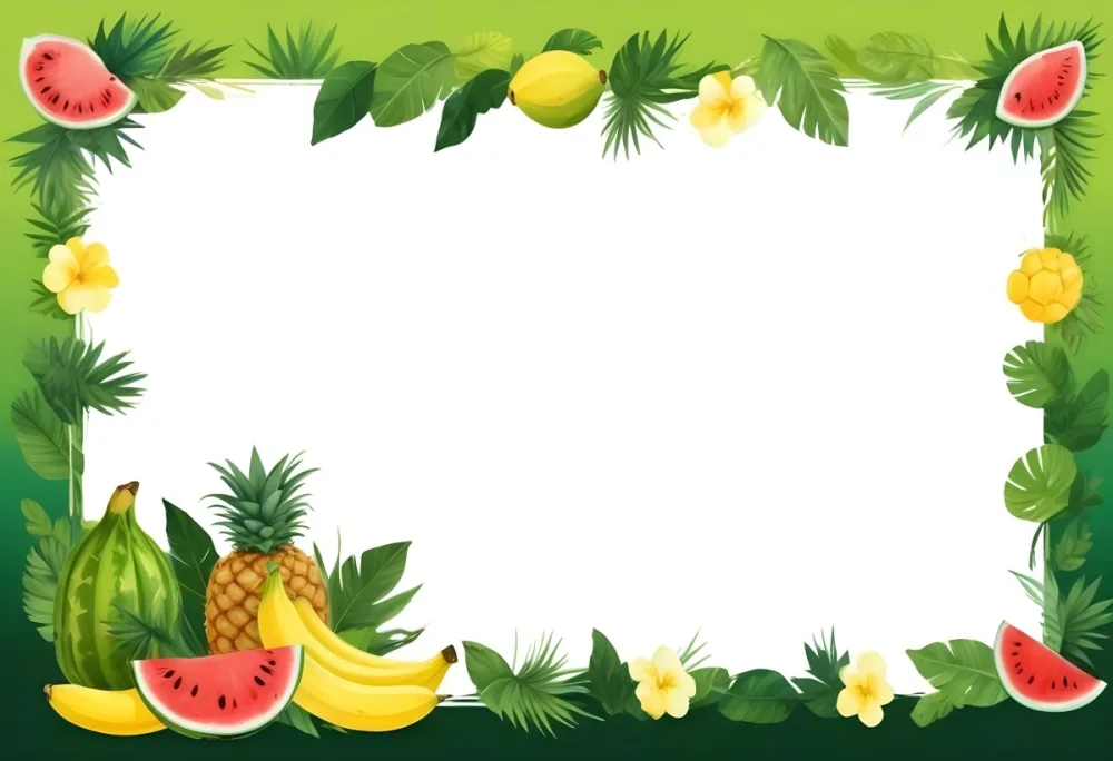 Digital Painting Frame With Pineapples Bananas Coconuts Watermelons And Green Leaves On A Green Background Bold And Slim Lines Brush Strokes 3 47b4