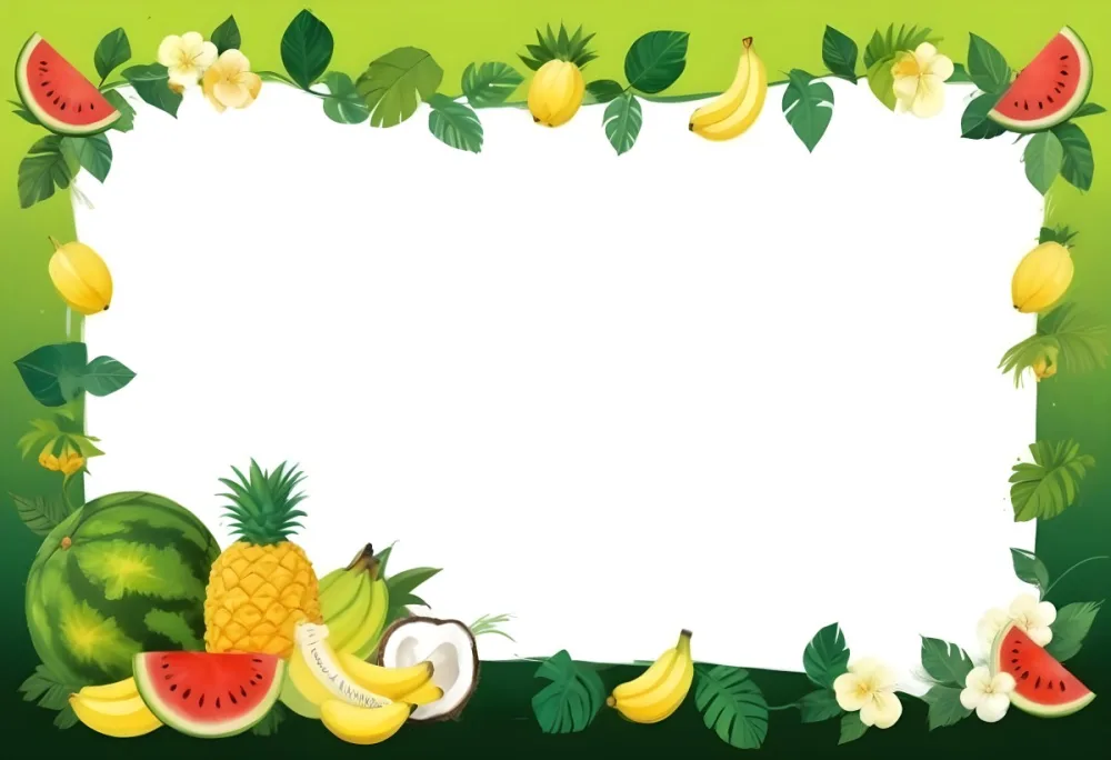 Digital Painting Frame With Pineapples Bananas Coconuts Watermelons And Green Leaves On A Green Background Bold And Slim Lines Brush Strokes 4 74dd
