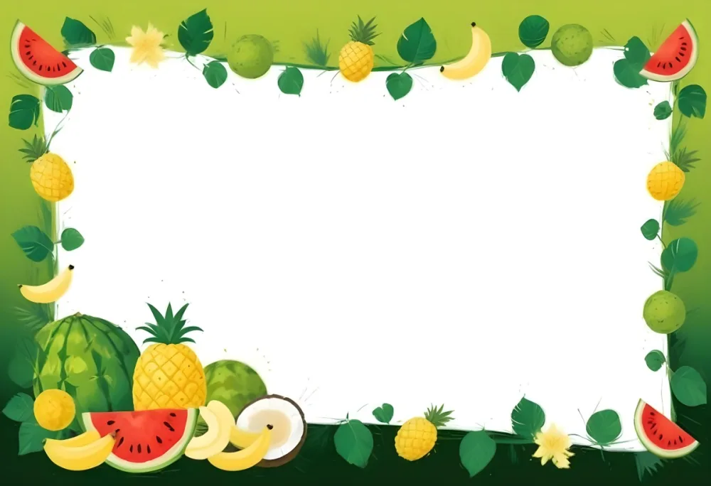 Digital Painting Frame With Pineapples Bananas Coconuts Watermelons And Green Leaves On A Green Background Bold And Slim Lines Brush Strokes 5 9440