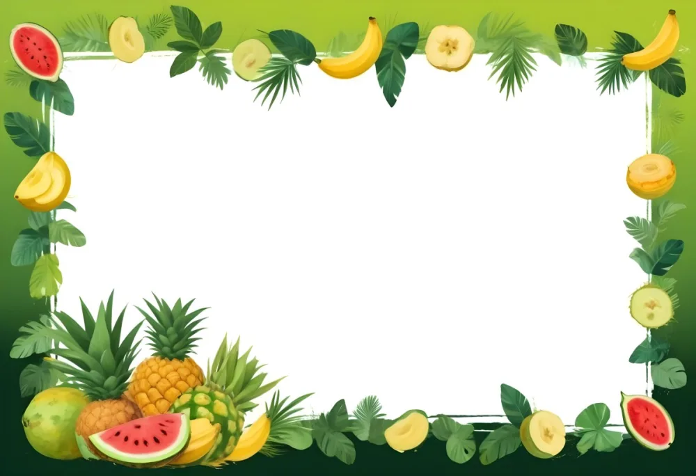 Digital Painting Frame With Pineapples Bananas Coconuts Watermelons And Green Leaves On A Green Background Bold And Slim Lines Brush Strokes 6 Bd7e