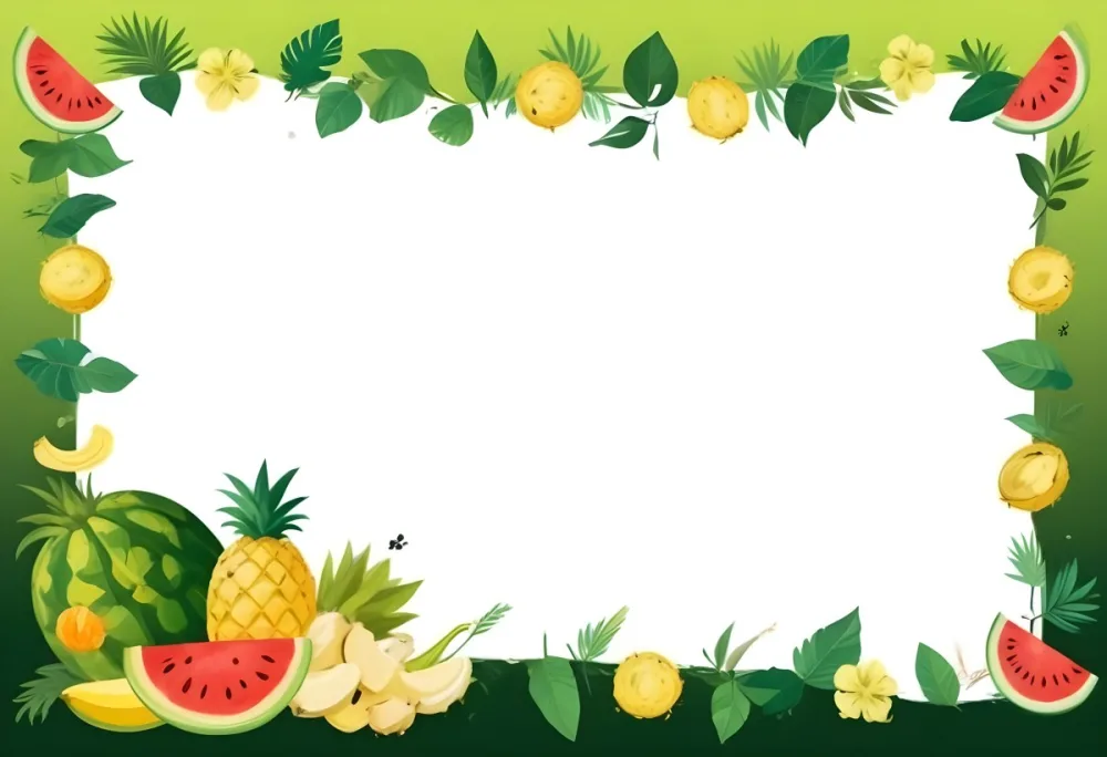 Digital Painting Frame With Pineapples Bananas Coconuts Watermelons And Green Leaves On A Green Background Bold And Slim Lines Brush Strokes 7 066f