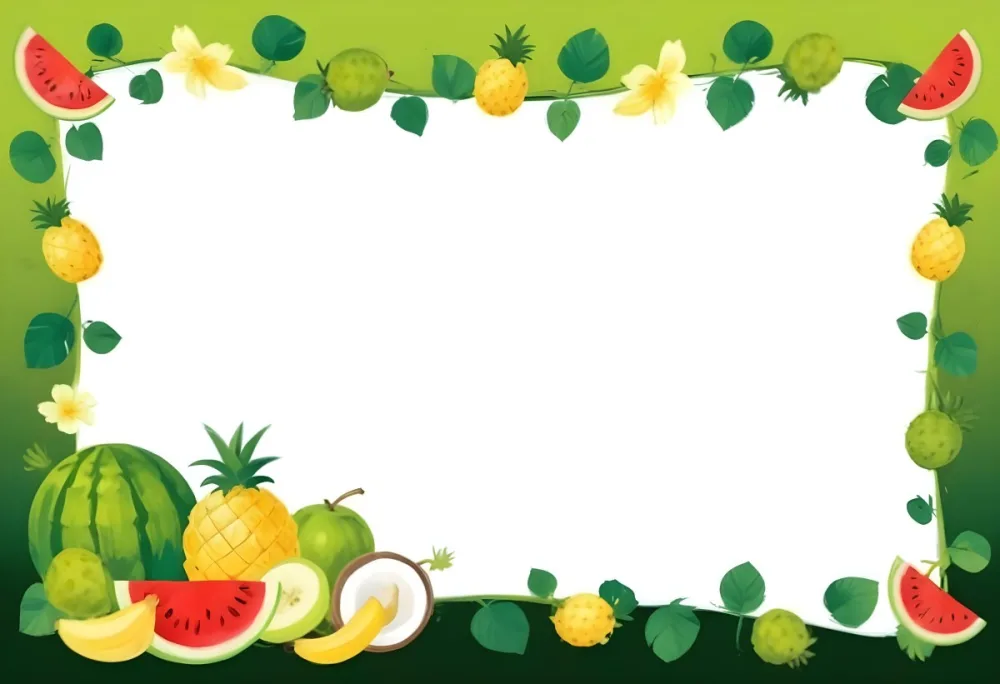 Digital Painting Frame With Pineapples Bananas Coconuts Watermelons And Green Leaves On A Green Background Bold And Slim Lines Brush Strokes 8 6ef7