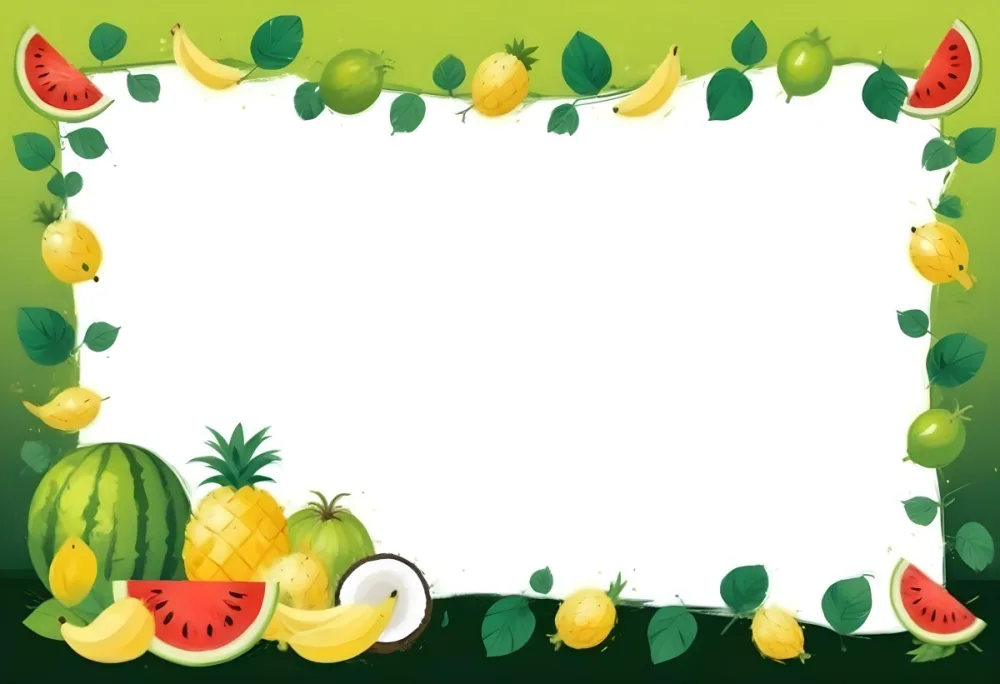 Digital Painting Frame With Pineapples Bananas Coconuts Watermelons And Green Leaves On A Green Background Bold And Slim Lines Brush Strokes 9 A57f